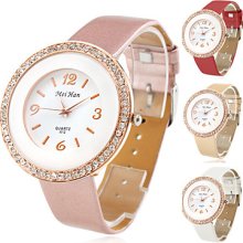 Style Women's Gold PU Leather Analog Quartz Wrist Watch with Crystals (Assorted Colors)