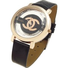Stylish Hollow-Out Dial Leisurely Leather Band Wrist Watch (Black Dial) - Black - Stainless Steel
