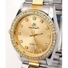 Stylish Mens Golden Crystal Dial Quartz Steel Watch Ng68