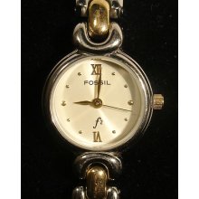 Stylish Two Tone Fossil Cream Face Bracelet Cuff Band Ladies Watch Works(r1)