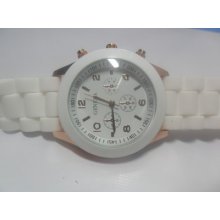 Stylish White Silicone Rubber Rosegold Plain Lady Girl Quartz Wrist Watch