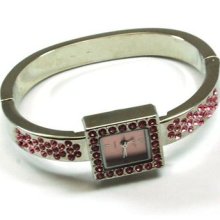 The Olivia Collection Silver Tone Cz Pink Square Dial Ladies Dress Bangle Watch