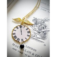 time flies necklace. pocket watch, clock face pendant with wings and black pearl