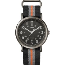 Timex Men's T2N892 Weekender Slip-Thru Black with Gray and Orange Stripes Nylon Strap Watch