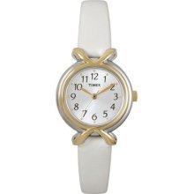 Timex Womens Classic Two Tone Brass Case White Leather Strap Watch T2m745