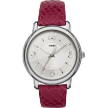 Timex Womens Classics Stainless Steel Case Red Leather Strap Watch T2n622