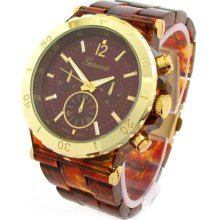 Tortoise Gold Geneva Wide Bracelet Gold Ring Bezel Oversized Women's Watch