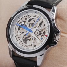 Trendy Men's Wrist Watch White Dial Skeleton Automatic Buckle Leather Band