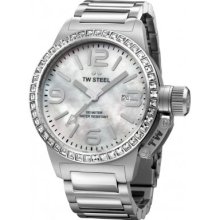 Tw Steel Canteen Unisex Quartz Watch With Mother Of Pearl Dial Analogue Display And Grey Stainless Steel Bracelet Tw302