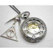 Unique Harry potter pocket WATCH gun black, antique silver deathly hallow and golden snitch pendant locket watch necklace NWH10