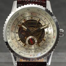 Unique Rotating Bezel Men's Skeleton Auto-mechanical Leather Clock Wrist Watch