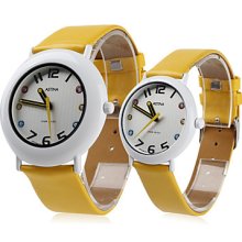 Unisex Couple Style PU Analog Quartz Wrist Watch (Yellow)