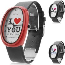 Unisex Leather Analog Quartz Wrist Watch with Elliptic Case (Black)