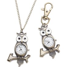 Unisex Owl Style Alloy Quartz Analog Keychain Necklace Watch (Bronze)