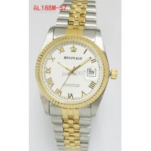 Unisex Watch Roman Number White Dial Gold Bezel Crown Reginald Stain