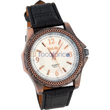 Valia 8131 Round Dial Antique Copper Bezel PU Leather Band Men's Analogue Wrist Watch with Calendar (White)