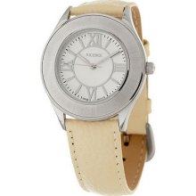 Vicence Round Satin Finish Bezel Off-White Leather Strap Watch, 14K - White - One Size