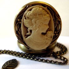 Victorian style pocket watch necklace with vintage leaf wreath and cappuccino cameo on long chain