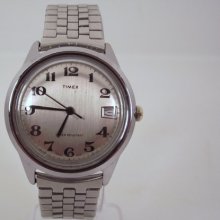 Vintage 1978 Timex Wind Up Retro Style Men's Watch with Date Window in Silver with Sweep Second Hand and Silver Expansion Band