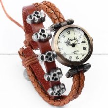 Vintage Bronze Skull Weave Wrap Around Leather Lady Bracelet Quartz Watch Usts