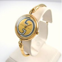 Vintage Gucci Italy 18k Gold Bangle Watch With Hand Painted Dial -e5
