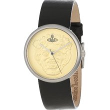 Vivienne Westwood Neptune Unisex Quartz Watch With Gold Dial Analogue Display And Black Leather Strap Vv021gdbk