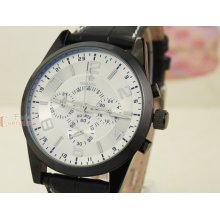 Vogue White Dial Military Chrono Mens Jp Quartz Black Real Leather Wrist Watch