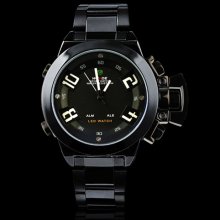 WEIDE Fashion Black Dial White Letters Stainless Steel LCD Quartz Watch W0049 - Black - Stainless Steel