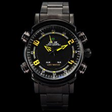 Weide Mens Fashion Black w/ Yellow Hand Stainless LED Japan Quartz Watch W0031 - Silver - Other