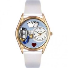 Whimsical Watches C-0610002 Womens Nurse White Leather And Goldtone Watch