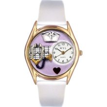 Whimsical Watches Women's Nurse Purple White Leather And Gold Tone Watch