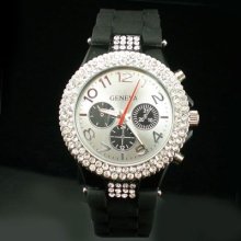 White Black Silicone Rubber Bling Crystal Mens Ladies Quartz Wrist Watch