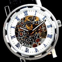 White Dial Black Leather Automatic Mechanical Watch