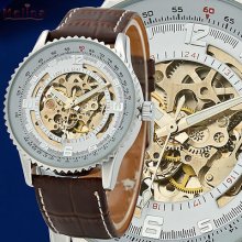 White Dial Mechanical Skeleton Real Brown Strap Leather Sawtooth Men Wrist Watch