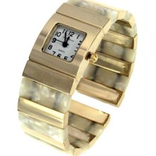 White Face Mother Pearl Lucite Shell Gold Tone Flex Cuff Bracelet Watch
