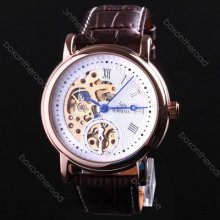 White Nunmerals Dial Blue Hand Leather Auto Skeleton Mechanical Men Wrist Watch