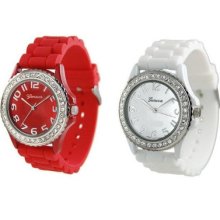 White Red 2 Pack Geneva Crystal Rhinestone Large Face Watch Jelly Link Band