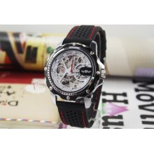 Winner Mens Silver Skull Skeleton Automatic Wrist Watch Black Rubber Band