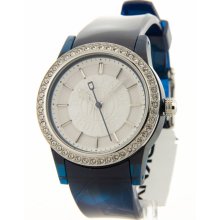 Womens DKNY Donna Karan Blue Rubber Crystal Bezel Watch NY8106
