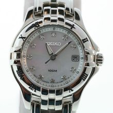 Womens Seiko Excelsior Mother Of Pearl Dial Diamond Marker Stainless Steel Watch