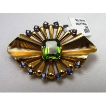 14k Yellow Gold Apple Green Peridot Corn-blue Sapphire Vintage Brooch Estate