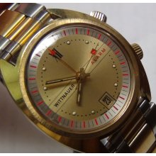 1960' Wittnauer Mens Swiss Made Alarm Calendar Gold Gorgeous Dial Watch