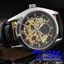 2012 Hotsale New Men Gold Metal Skeleton Automatic Watch Light Black