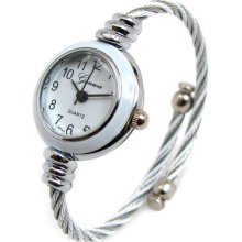2tone White/silver Cable Band Geneva Women's Petite Bangle Cuff Watch