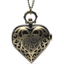 4 Bronze Tone Necklace Chain Heart Quartz Pocket Watch 87cm (34-1/4