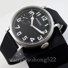 46mm Parnis Luminous Black Dial 6497 Hand Winding Rubber Strap Mens Watch Pn441