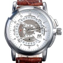 Ak-homme White Dial Brown Leather Band Mens Mechanical Wrist Watch