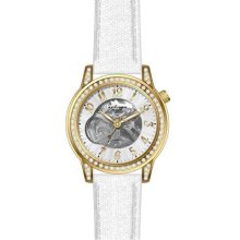 Akribos Xxiv Ak475wt Gold Tone Skeleton Automatic White Strap Womens Watch