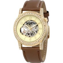 Akribos XXIV Women's Open Heart Skeleton Automatic Brown Leather ...