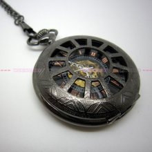 All Black Hollow Royal Steampunk Style Mechanical Hand Winding Pocket Watch 170